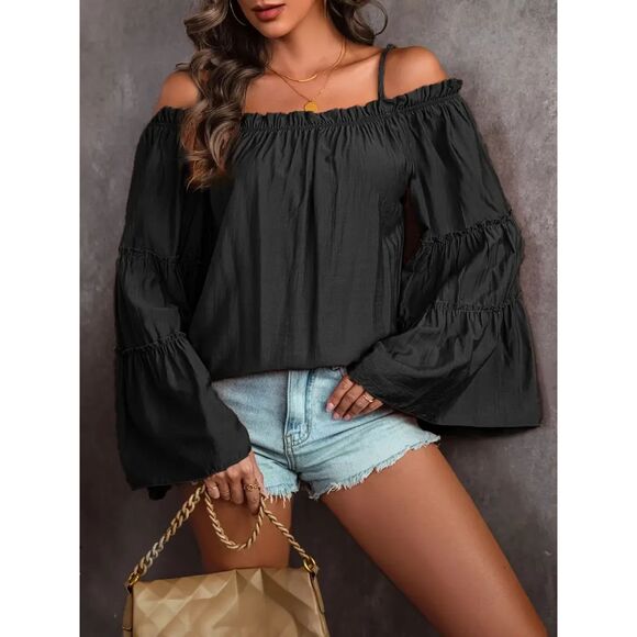 Ruched Spaghetti Strap Blouse Cold Shoulder Blouse Black Size 14 - Picture 4 of 10